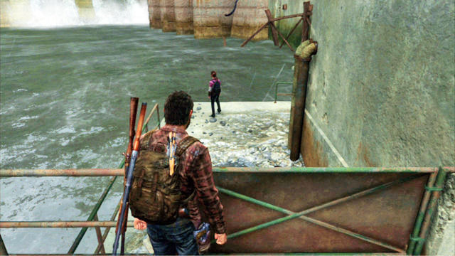 To unblock the second part of the bridge, jump into water behind the small waterfall and dive - The Last of Us: Hydroelectric Dam, Tommys Dam Walkthrough - Tommys Dam - The Last of Us Guide