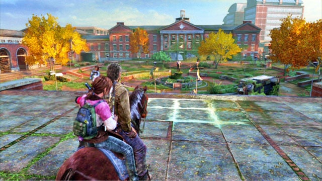 Behind the gate this opens, ride ahead until you reach a big square with a fountain in the middle - The Last of Us: Go Big Horns! The University Walkthrough - The University - The Last of Us Guide