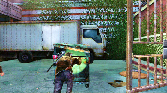 With the gate opened, you need to push the container towards the truck to the right and climb onto the truck to get into the building through the hole in the wall - The Last of Us: Go Big Horns! The University Walkthrough - The University - The Last of Us Guide