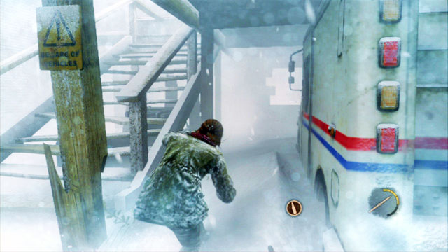 Further way leads to the left, up to the stairs covered with snow - The Last of Us: Cabin Resort, Lakeside Resort Walkthrough - Lakeside Resort - The Last of Us Guide