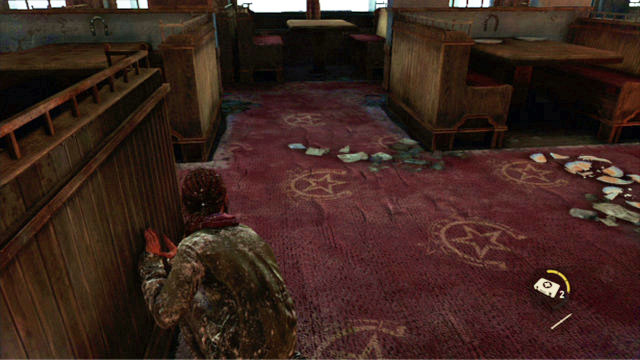 It is not difficult to sneak up to the man but, you need to watch out for the crockery fragments on the floor - The Last of Us: Cabin Resort, Lakeside Resort Walkthrough - Lakeside Resort - The Last of Us Guide