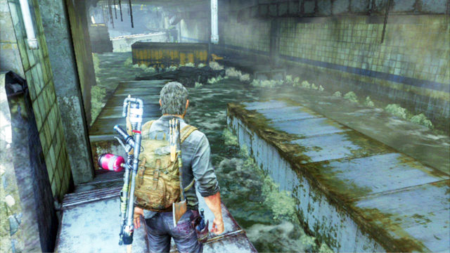 Keep jumping over from one vehicle to another in the big tunnel, until Joel falls down into the water - The Last of Us: Underground Tunnel, Bus Depot Walkthrough, map - Bus Depot - The Last of Us Guide