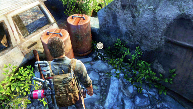 Behind the wreck, next to the barrels you can find the pendant - The Last of Us: Bus Depot, Artifacts and pendants - Artifacts and pendants - The Last of Us Guide