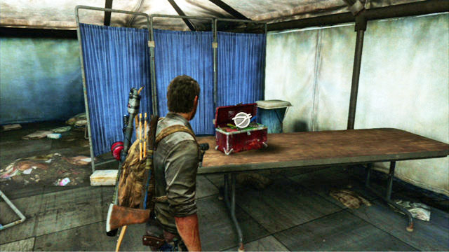 When you get to the platform, examine carefully all of the tents there - The Last of Us: Bus Depot, Training manuals, tools - Training manuals and tools - The Last of Us Guide