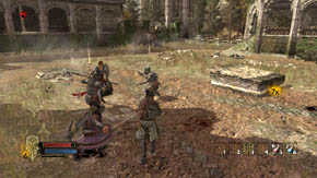 The last group of goblins will run out of the left wall of the building - Main Gate - p. 2 - Chapter 1 - The Lord of the Rings: War in the North - Game Guide and Walkthrough