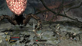 The spider queen is also able to catch your character and - if you don't keep pressing the button shown at the bottom of the screen - devour him/her - Heart of the Web - Chapter 5 - The Lord of the Rings: War in the North - Game Guide and Walkthrough