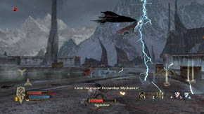 When Agandaur's health is reduced by half, he'll begin to fly over the remains of the bridge where you are fighting and strike everything below him with bolts of lightning - Carn Dum Citadel - Chapter 8 - The Lord of the Rings: War in the North - Game Guide and Walkthrough