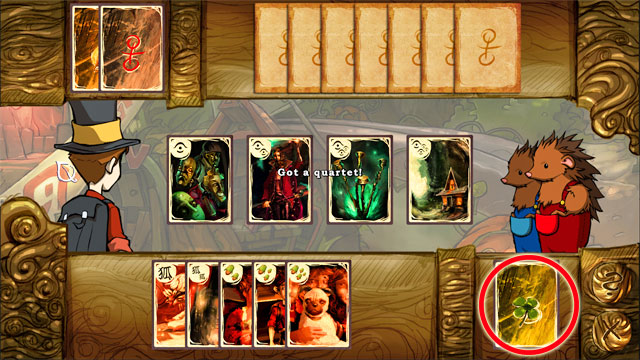 When you get four cards from one family you have a quartet - all four cards leaves game table and go to right-bottom corner - Card game Quartet - Game elements - The Night of the Rabbit - Game Guide and Walkthrough