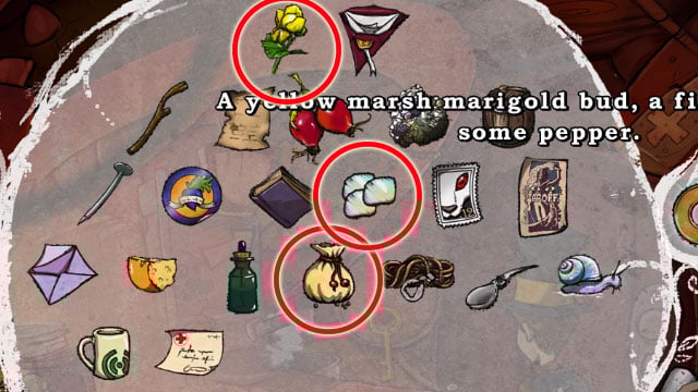 To make a medicine you need: bright yellow marigold bud, shiny fish scale or indian white pepper - A trip with Spitzweg - Walkthrough - The Night of the Rabbit - Game Guide and Walkthrough