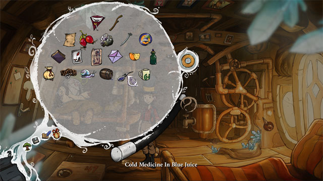 Received cold medicine in blue juice combine with silver sugar spoon - A trip with Spitzweg - Walkthrough - The Night of the Rabbit - Game Guide and Walkthrough