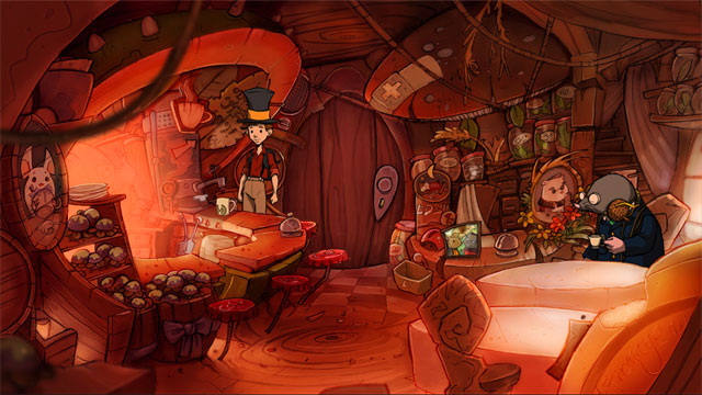 Use a mug with logo on a coffee maker and you will get mug with hot coffee - A trip with Spitzweg - Walkthrough - The Night of the Rabbit - Game Guide and Walkthrough