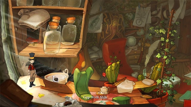 Use empty blue juice keg on cup with milk to get keg of milk - A trip with Spitzweg - Walkthrough - The Night of the Rabbit - Game Guide and Walkthrough