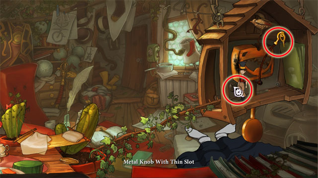One more time use a metal arm and piece of the clock will fall off - Jerry will pick up a key-shaped clock part - A trip with Spitzweg - Walkthrough - The Night of the Rabbit - Game Guide and Walkthrough