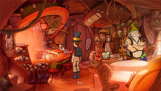 When a mouse with backpack will go out use a key-shaped clock part on the key in the back of cafe - The four portals: rockwhisper and greengrow spells - Walkthrough - The Night of the Rabbit - Game Guide and Walkthrough