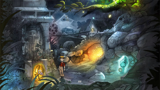 Go back to town center and go to the right to behind town hall - The four portals: rockwhisper and greengrow spells - Walkthrough - The Night of the Rabbit - Game Guide and Walkthrough