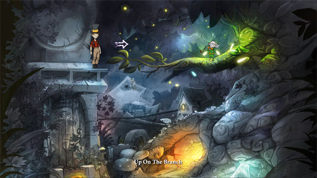 Jump to the branch and talk with grim man in green - The four portals: rockwhisper and greengrow spells - Walkthrough - The Night of the Rabbit - Game Guide and Walkthrough