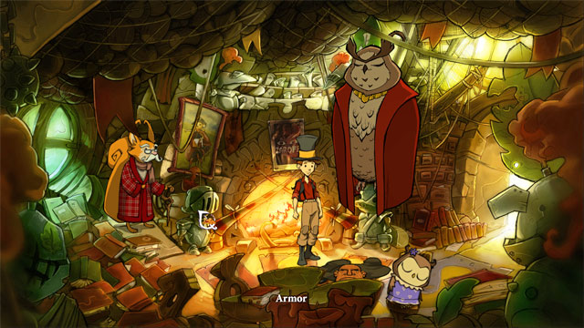 On armor on the left side, where lizard is hiding, use itching powder - Lizards, bottles and fifth portal - Walkthrough - The Night of the Rabbit - Game Guide and Walkthrough