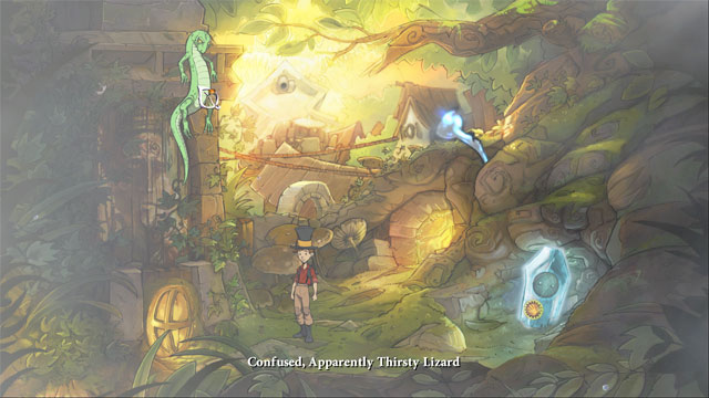 Go out from town hall by back exit to go after lizard - Lizards, bottles and fifth portal - Walkthrough - The Night of the Rabbit - Game Guide and Walkthrough