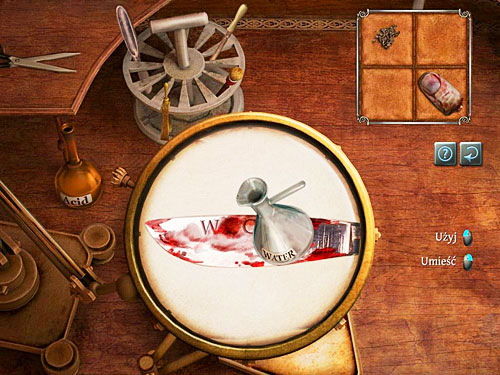 Then take a look on a bloodstained scalpel: wash it with water (silver flask on the top o screen) and clean with a brush - Check the Collected Evidences | The Murder in Diocese of Knightsbridge - The Murder in Diocese of Knightsbridge - The Testament of Sherlock Holmes Game Guide