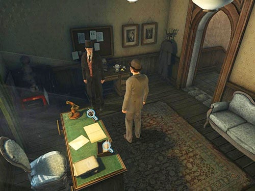 Take a look on a letter case and a name tablet on the desk - Meet With Hans Schielman | Escape From Westgate Prison - Escape From Westgate Prison - The Testament of Sherlock Holmes Game Guide