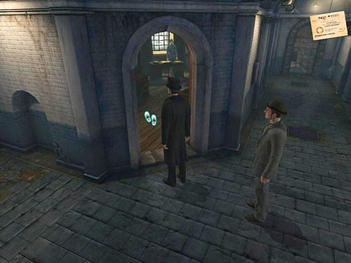 Return to the crossroad and having activated a guests permit enter the room with open door (left from reception) - Meet With Hans Schielman | Escape From Westgate Prison - Escape From Westgate Prison - The Testament of Sherlock Holmes Game Guide