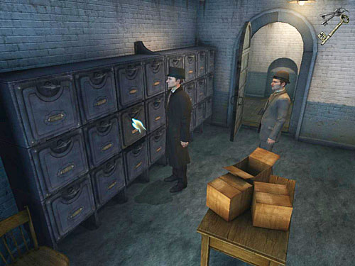 Go inside and look at lockers on the left: especially the middle one in the third column from left - Get Hans Feather | Escape From Westgate Prison - Escape From Westgate Prison - The Testament of Sherlock Holmes Game Guide