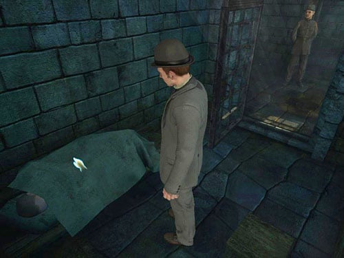 Enter and examine a man lying under the blanket - Launch the Alarm | Escape From Westgate Prison - Escape From Westgate Prison - The Testament of Sherlock Holmes Game Guide