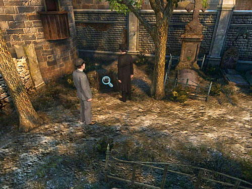 Go to the freshly dug hole in the left corner of this cemetery part - Verify Collected Evidences on a Cemetery | Slaughter in Whitechapel - Slaughter in Whitechapel - The Testament of Sherlock Holmes Game Guide
