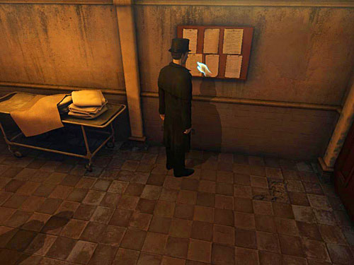 In a hallway look at a hung list of recently died - Collect More Information about Murderers | Slaughter in Whitechapel - Slaughter in Whitechapel - The Testament of Sherlock Holmes Game Guide