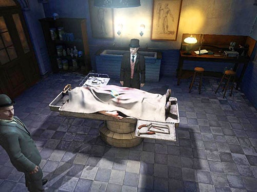 As Holmes, double click on the body covered with sheet - Make a Dissection | Slaughter in Whitechapel - Slaughter in Whitechapel - The Testament of Sherlock Holmes Game Guide