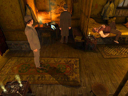 Return to the smoker room and pick up a glass of dirty water from a table on the left - Get to the Closed Room | Slaughter in Whitechapel - Slaughter in Whitechapel - The Testament of Sherlock Holmes Game Guide