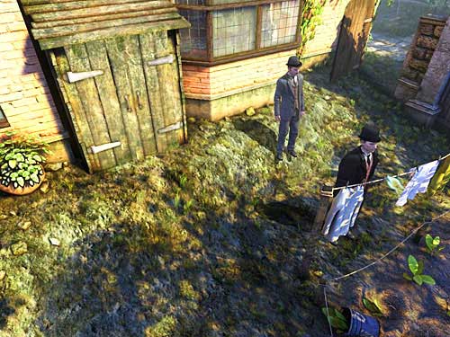 Look at a hanging laundry - Find Stolen Laundry | Robbery in Kensington Gardens - Robbery in Kensington Gardens - The Testament of Sherlock Holmes Game Guide