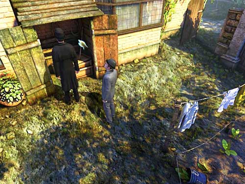 Open a shed, which is on opposite to the hanging laundry, and take a pickaxe - Find Stolen Laundry | Robbery in Kensington Gardens - Robbery in Kensington Gardens - The Testament of Sherlock Holmes Game Guide