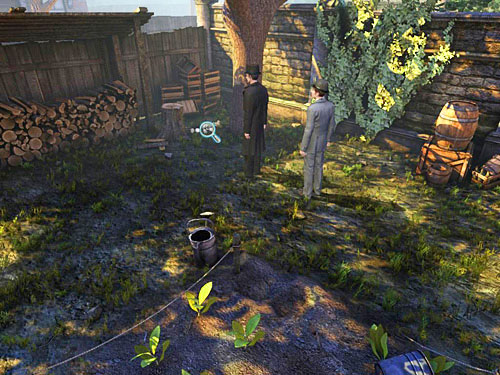 Go deeper in a garden, to the right corner, and notice wired tins, which is an intruder alert - Find Stolen Laundry | Robbery in Kensington Gardens - Robbery in Kensington Gardens - The Testament of Sherlock Holmes Game Guide