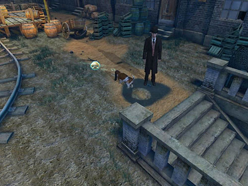 Climb on stairs and click on an icon of dogs nose: Toby will catch a scent - Get on the Other Side of Channel | Accident at Stinging Street - Accident at Stinging Street - The Testament of Sherlock Holmes Game Guide