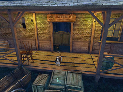 Go down the boxes-crate, opposite to the pub entrance - Get on the Other Side of Channel | Accident at Stinging Street - Accident at Stinging Street - The Testament of Sherlock Holmes Game Guide