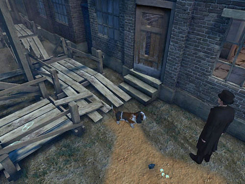 Go under door of another building, leave a ramp and run forward - Get on the Other Side of Channel | Accident at Stinging Street - Accident at Stinging Street - The Testament of Sherlock Holmes Game Guide