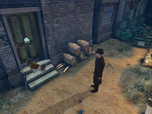 Enter the building with the left door - Get on the Other Side of Channel | Accident at Stinging Street - Accident at Stinging Street - The Testament of Sherlock Holmes Game Guide