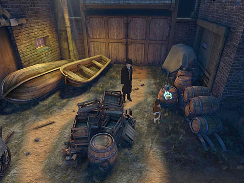 Run forward to barrels in the corner and point at the one with grease on the top - Get on the Other Side of Channel | Accident at Stinging Street - Accident at Stinging Street - The Testament of Sherlock Holmes Game Guide