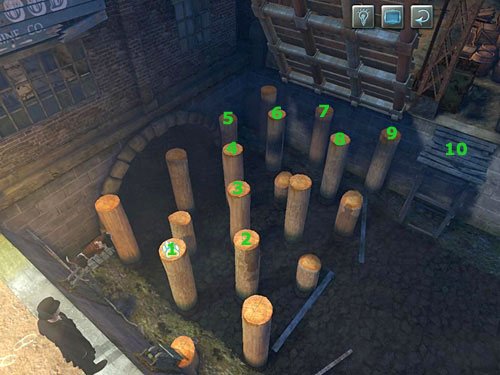 and jump on the next pales (route as on the picture above) and on the wooden platform - Get on the Other Side of Channel | Accident at Stinging Street - Accident at Stinging Street - The Testament of Sherlock Holmes Game Guide