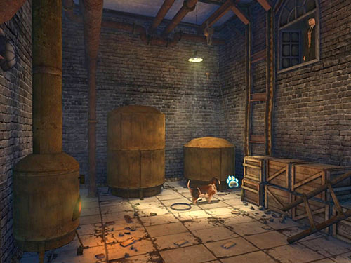 Standing in front of door, behind two furnaces, turn right and pull a rope tied to nearby something ladder-like - Get to the Next Building | Accident at Stinging Street - Accident at Stinging Street - The Testament of Sherlock Holmes Game Guide