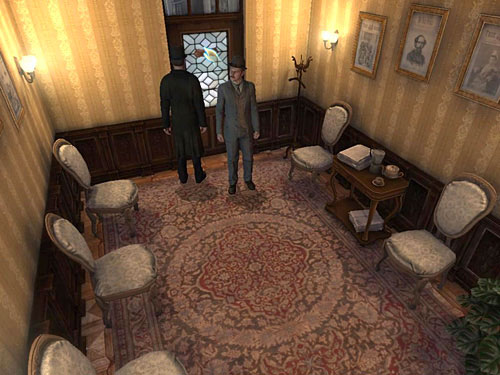 When the journalist leaves, click on the door again: Sherlock will notice secretary sending a telegram - Get Rid of a Secretary | O. Farleys Office - O. Farleys Office - The Testament of Sherlock Holmes Game Guide