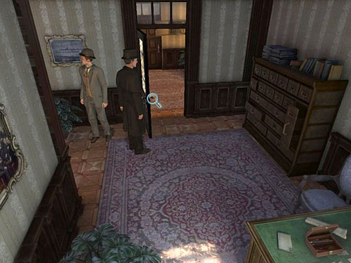 Go to the second room and from inside look at exit door from secretarys office - Discover what Had Happened in Farleys Office before You Arrived | O. Farleys Office - O. Farleys Office - The Testament of Sherlock Holmes Game Guide