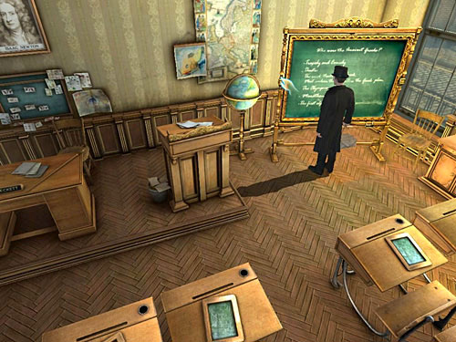Now approach a blackboard and see that the lesson is about Greece - Reveal What Is Written on the Other Side of the Blackboard | Explosion in Becketts Residence - Explosion in Becketts Residence - The Testament of Sherlock Holmes Game Guide
