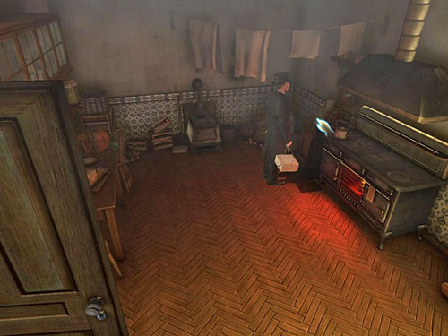 Return to kitchen and pick up a olive oil left of the stove - Reveal What Is Written on the Other Side of the Blackboard | Explosion in Becketts Residence - Explosion in Becketts Residence - The Testament of Sherlock Holmes Game Guide