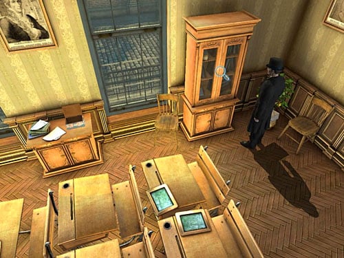 A cupboard is standing in the corner of classroom - Find James Desk and Open a Cupboard | Explosion in Becketts Residence - Explosion in Becketts Residence - The Testament of Sherlock Holmes Game Guide