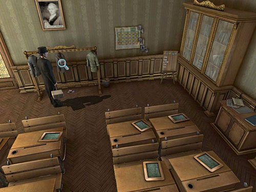 Approach a stand (right of the glazed door) - Find James Desk and Open a Cupboard | Explosion in Becketts Residence - Explosion in Becketts Residence - The Testament of Sherlock Holmes Game Guide