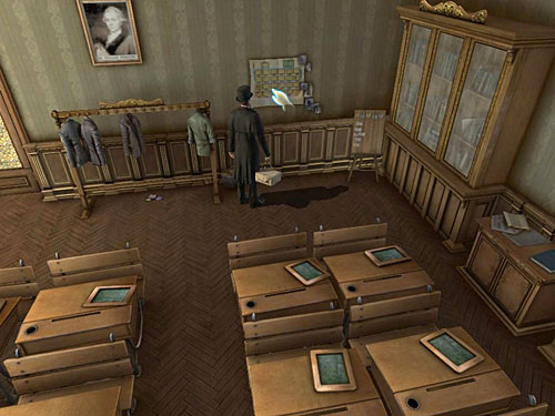 A board hanging on the right from the coat hanger will give you a hint - Find James Desk and Open a Cupboard | Explosion in Becketts Residence - Explosion in Becketts Residence - The Testament of Sherlock Holmes Game Guide
