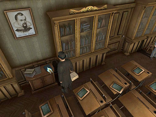 Before you leave classroom, take a school book about schools in USA from a low cupboard between two high shelves - Gather Remaining Teaching Aids | Explosion in Becketts Residence - Explosion in Becketts Residence - The Testament of Sherlock Holmes Game Guide
