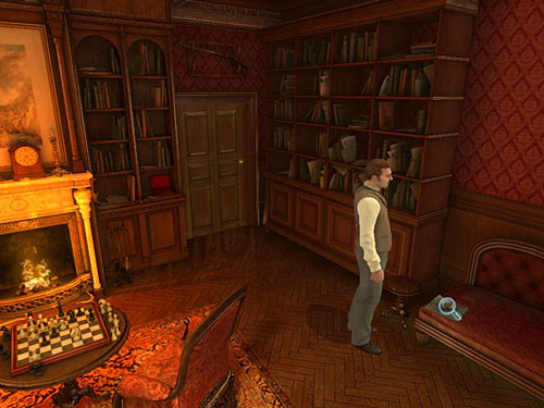 Notice a paper lying on a couch, between a bookshelf and worktable - Find Clues about Holmes Location | Hideout in Whitechapel - Hideout in Whitechapel - The Testament of Sherlock Holmes Game Guide